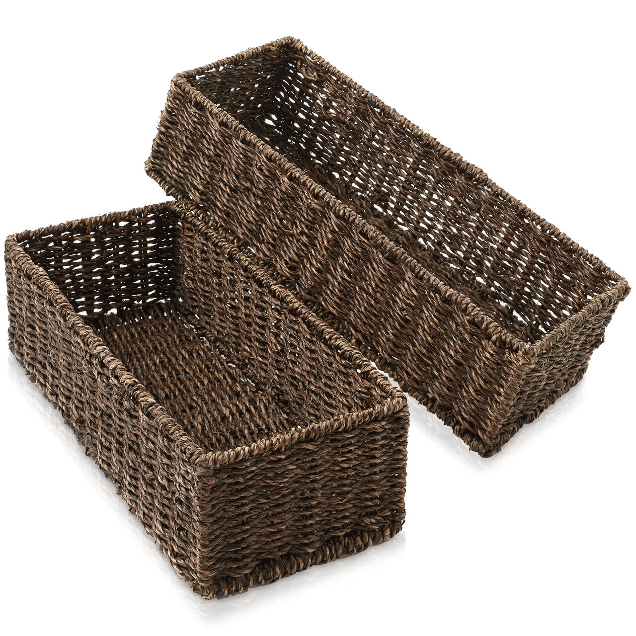 Casafield Set of 2 Bathroom Storage Baskets, Espresso - Seagrass, 16" W x 6.75" D x 4.25" H, Woven Toilet Tank Topper Bins for Organizing Tissues, Toilet Paper, Toiletries, Shelves